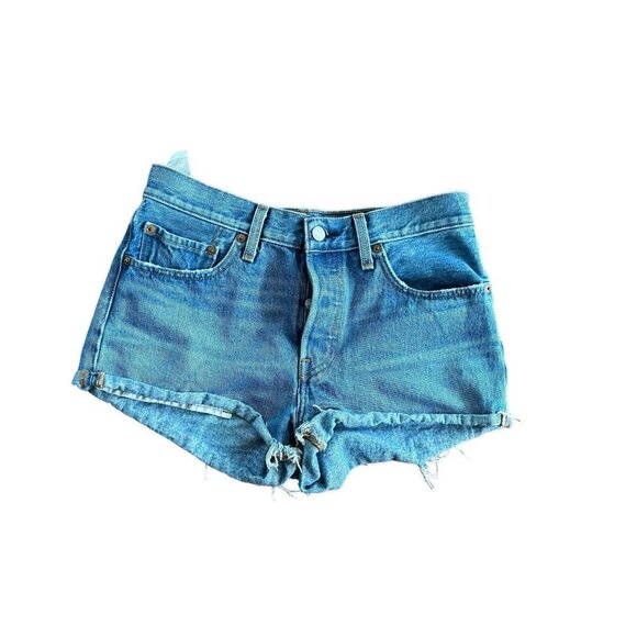 Levis 501 Shorts Womens 28 Blue Denim Cut off Raw Hem Distressed Medium Wash - Picture 1 of 8